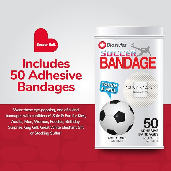 BioSwiss Bandages, Soccer Ball Shaped Self Adhesive Bandage, Latex Free Sterile Wound Care, Fun First Aid Kit Supplies for Kids, 50 Count