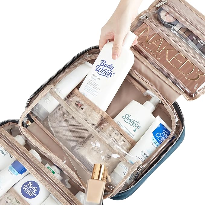 NISHEL Travel Toiletry Bag for women, Portable Hanging Organizer for Full-Sized Shampoo, Conditioner, Brushes Set, Makeup Accessories, Large Size, Lake-Blue