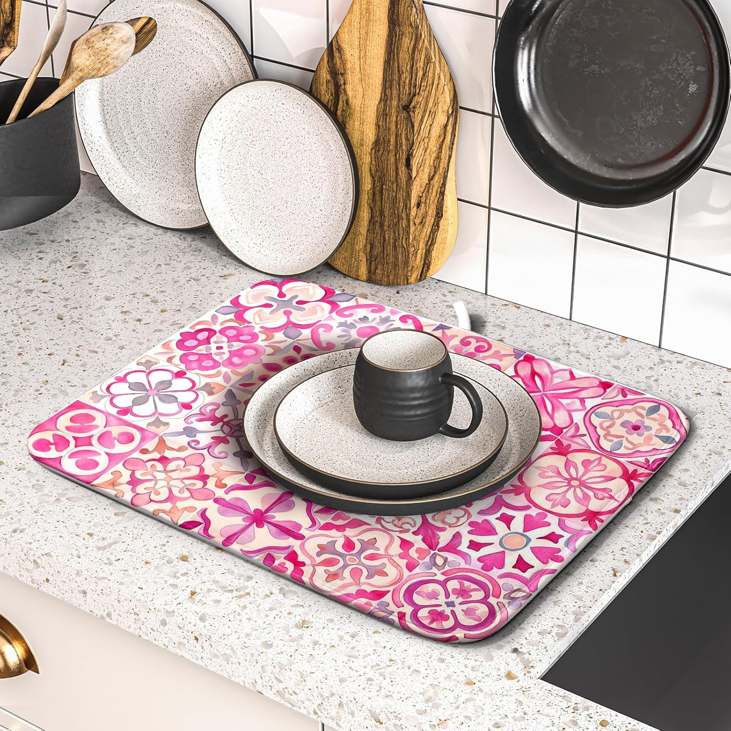 Pink Mexican Tiles Dish Drying Mat Absorbent Microfiber Dish Drying Pad for Kitchen Multi-use Large