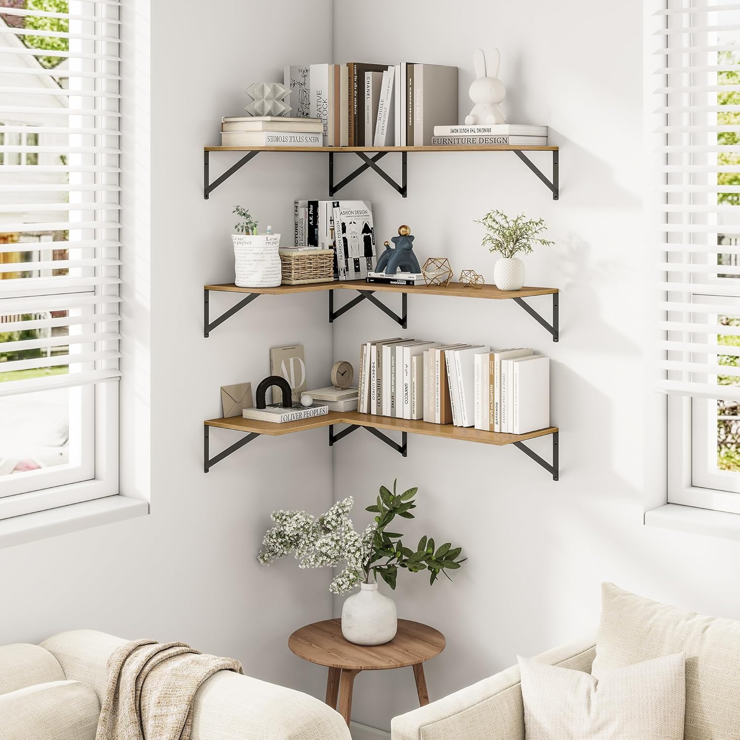 Heimlove Deep Floating Shelves for Wall, 12 Inch Deep Floating Shelves Set of 3, 16W x 12D Wood Wall Shelves, Wide Wood Shelves with Metal Bracket for Living Room, Kitchen, Office, Bedroom - Oak