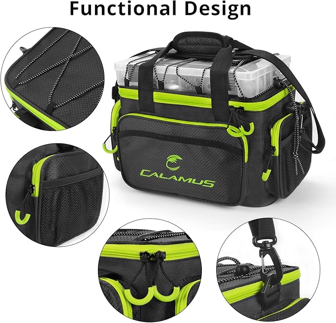 Calamus Fishing Tackle Bags - Saltwater or Freshwater Fishing Bags - Rip-Stop PE - Padded Shoulder Strap - Pliers Storage - Green