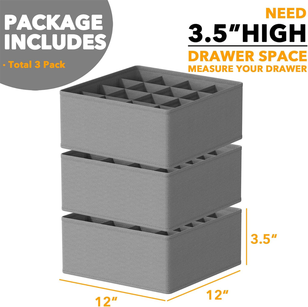 SpaceAid Sock Drawer Organizer Divider 3 Pack, 64 Cell Dresser Closet Nursery Underwear Organizers Storage Bins for Organizing Socks Underwear Ties Belts (Grey)