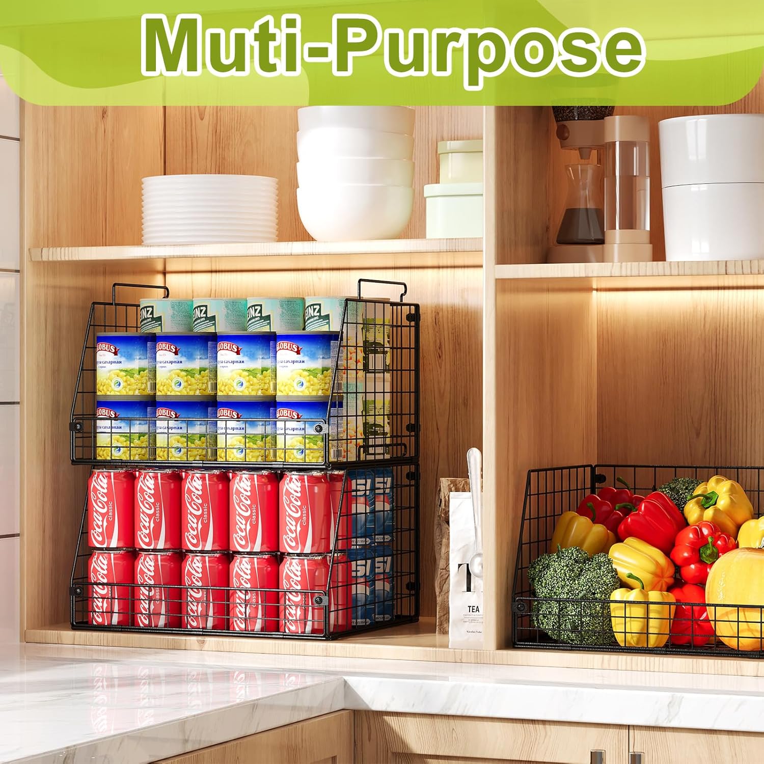 3 Pack XXL Stackable Wire Baskets, Large Storage Bins for Onion, Potato, Vegetable, Fruit, Snack, Pantry Baskets for Kitchen Cabinet Countertop, Pantry Organizers and Storage Solutions