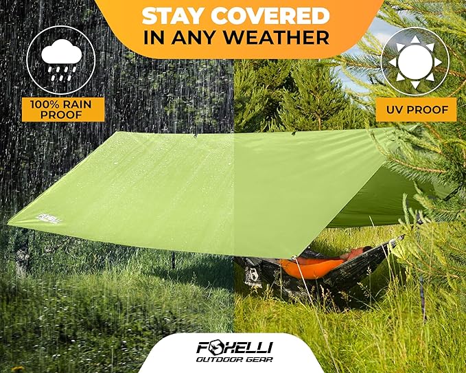 Foxelli Camping Tarp - 12x10ft Waterproof Rain Tarp, Lightweight Backpacking Rainfly Shelter with Included Extra Long Guy Lines & Stakes