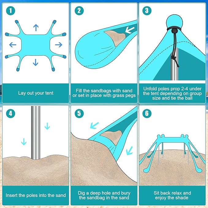 Beach Tent Sun Shelter UPF 50+ Beach Shade Canopy Pop up Tent Portable Cabana Outdoor with Aluminum Poles Sandbags Sand Shovel for Camping Fishing Trip Picnic Party