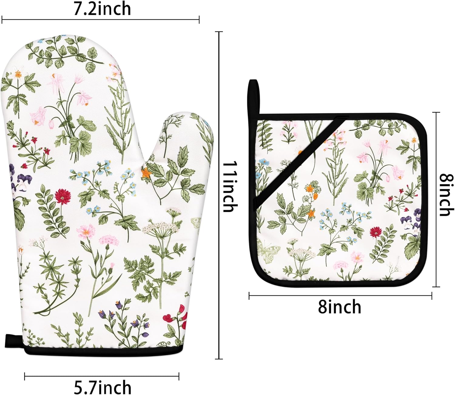 Floral Oven Mitts and Pot Holders Sets Wildflower Oven Gloves Heat Resistant 4 Pcs Pretty Decorative Kitchen Hot Pads and Mitts for Baking Cooking Grilling