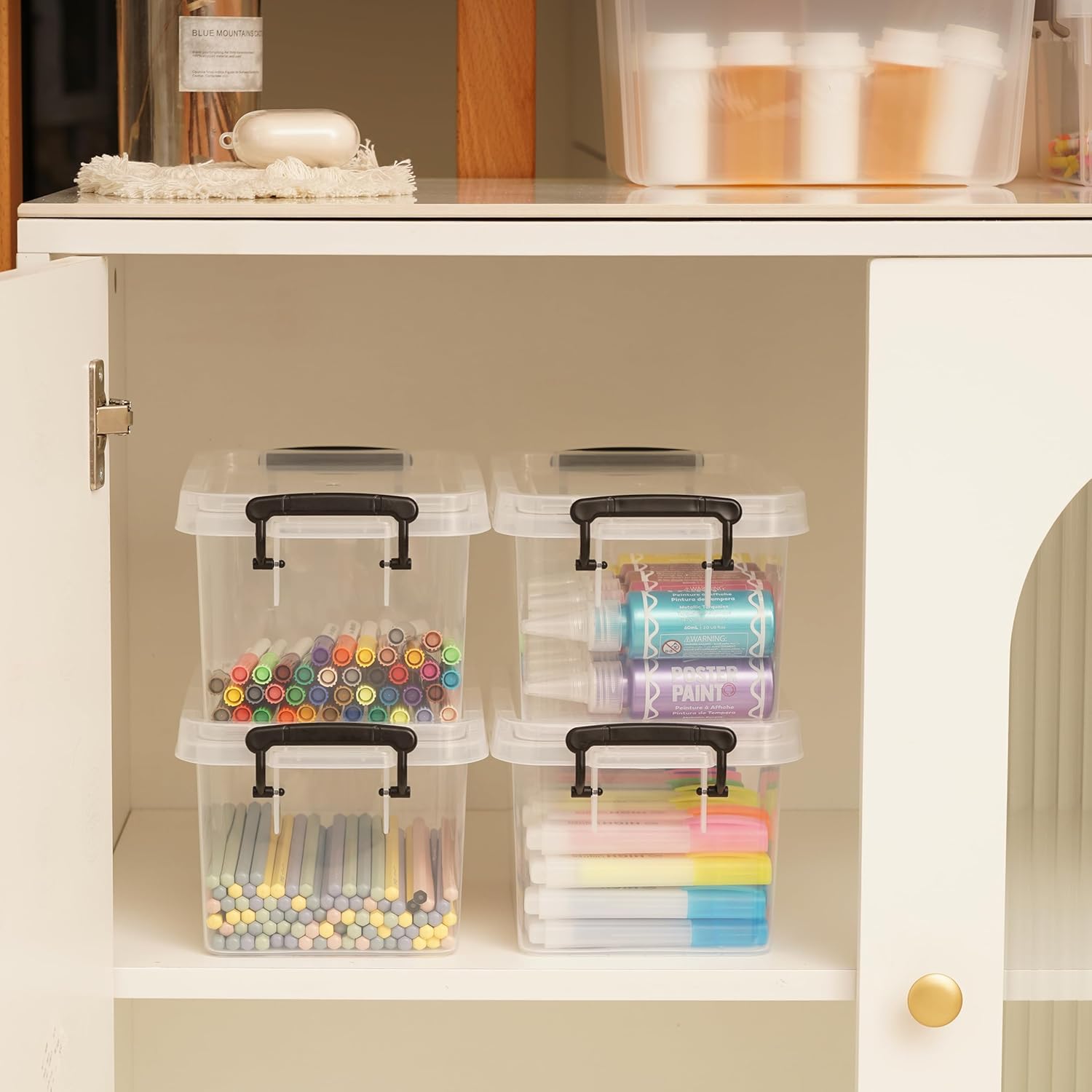 ITYLIFE CITYLIFE 6 Packs 3.5 QT Small Storage Bins with Black Handle Clear Plastic Bins with Reinforce Bottom Stackable Storage Containers for Organizing Art Supply, Craft Stuff, Medicine, Small Toys