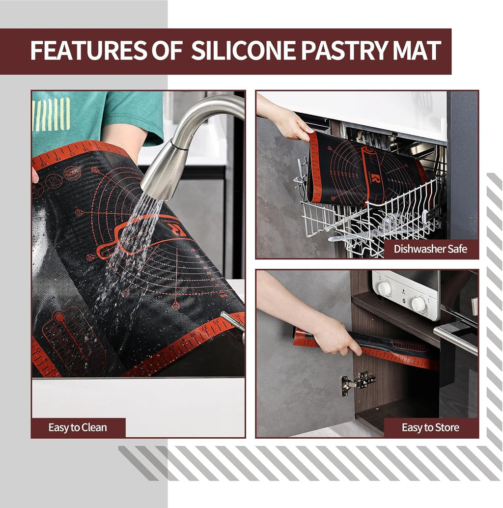 Silicone Pastry Mat Extra Large with Measurements 26''x16'' for Reusable,Non-slip Silicone Baking Mat, Counter, Dough Rolling, Oven Liner,Fondant/Pie Crust (Translucent_Red, 16''W x 26''L)