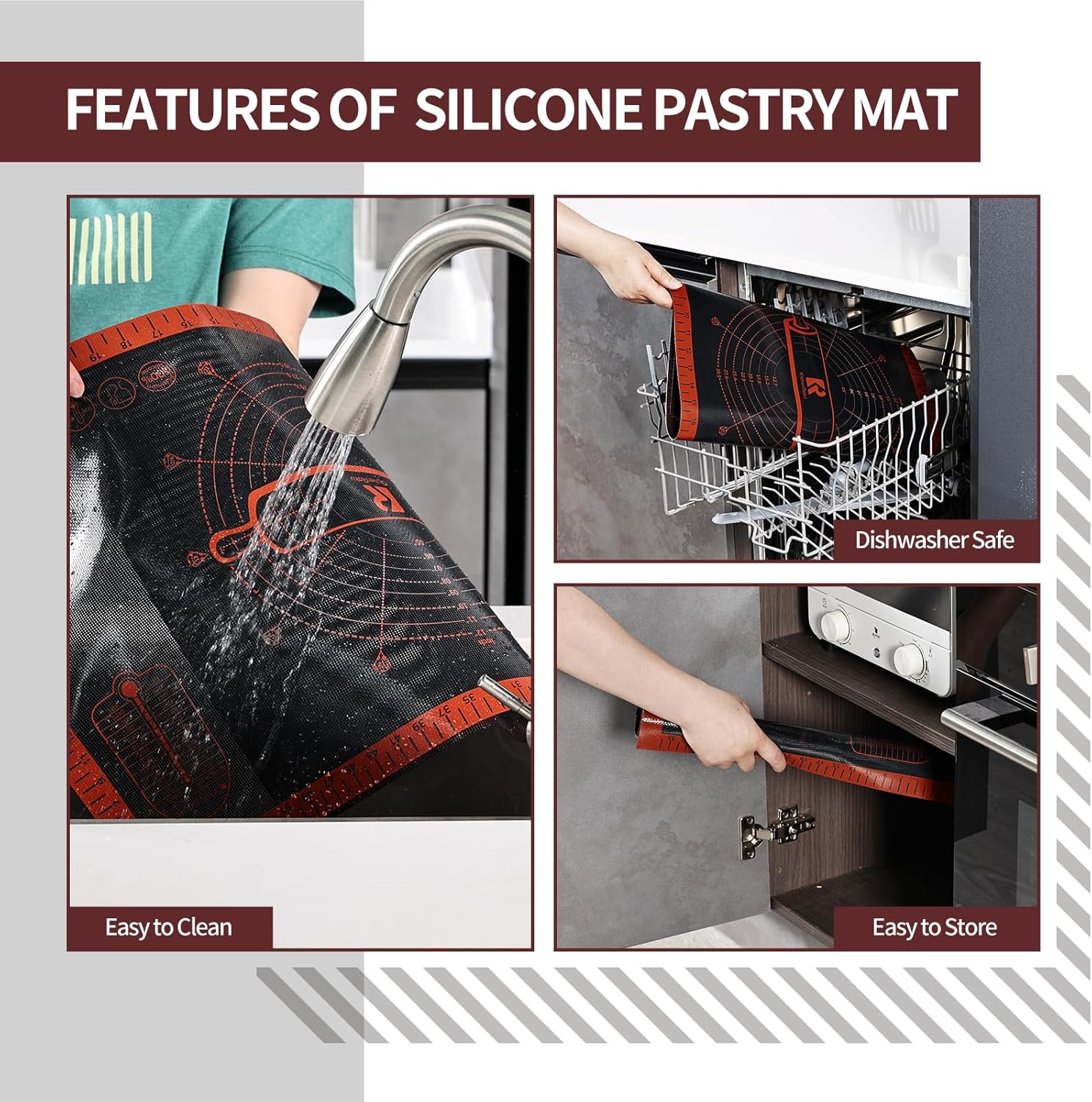 Silicone Pastry Mat Extra Large with Measurements 26''x16'' for Reusable,Non-slip Silicone Baking Mat, Counter, Dough Rolling, Oven Liner,Fondant/Pie Crust (Translucent_Red, 16''W x 26''L)