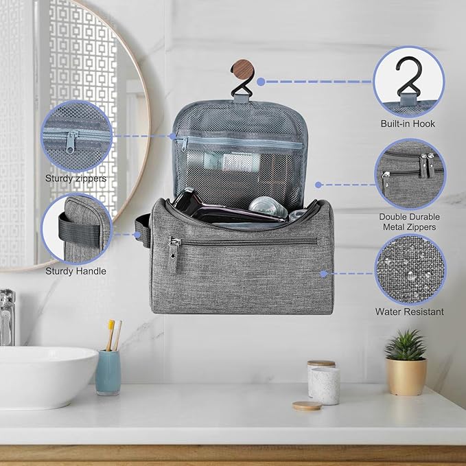 Hanging Toiletry Bag for Women and Men Traveling Makeup Large Capacity Cosmetics Portable Dopp Kit Storage Organizer Bag with Hanging Hook for Toiletries Brushes Shaving Tools (Gray)