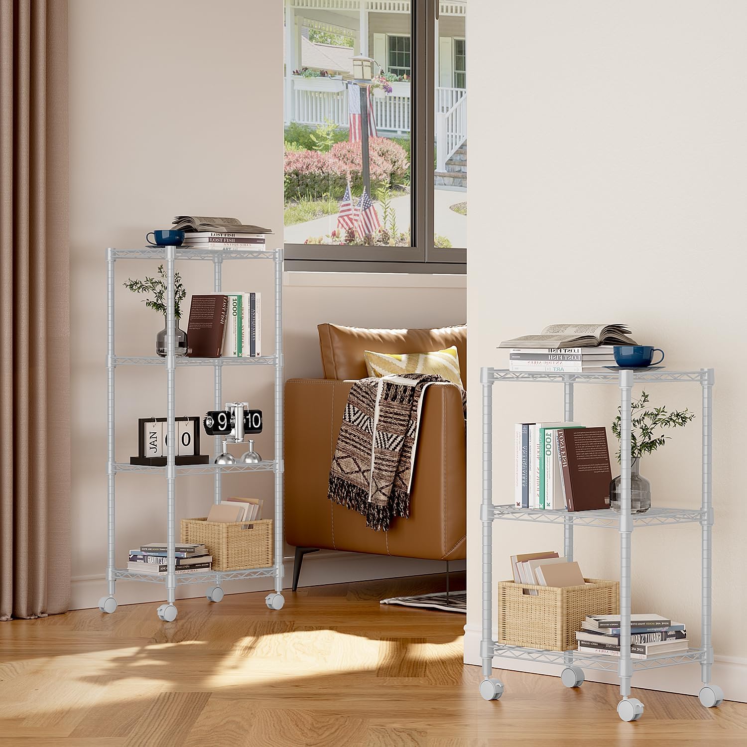 1000 lbs 4-Shelf Adjustable Heavy Duty Steel Wire Rack, Adjustable Storage Shelving Unit with Wheel for Kitchen, Garage, Laundry White 11.8" D x 17.7" W x 40.8" H