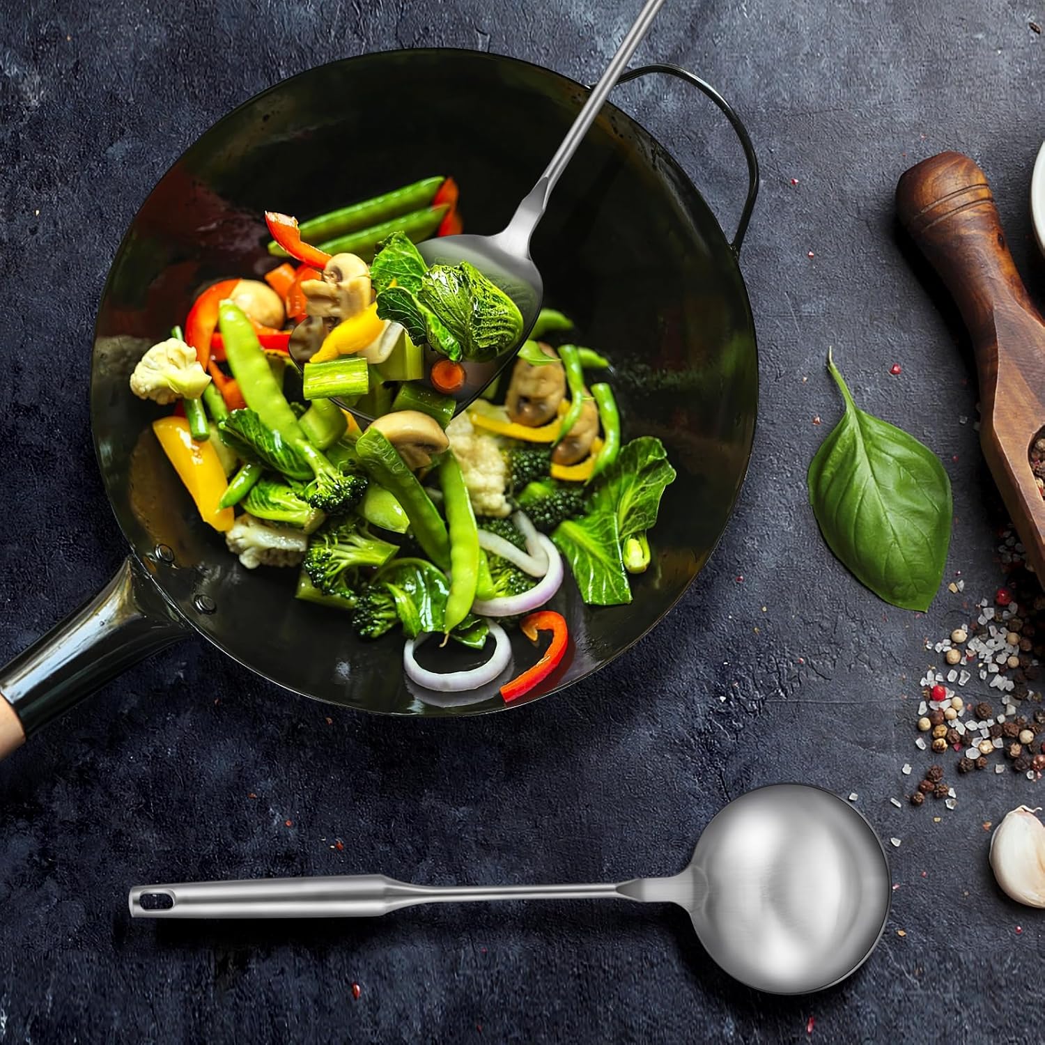 Wok Utensils Tools for Carbon Steel, Stainless Steel 2-Pieces Wok Spatula Soup Ladle Set, Wok Tools Professional Set, Heat-Resistant Handle, Ideal for Gift