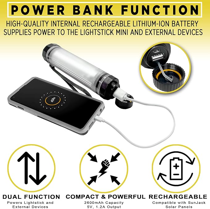 SunJack LightStick – Waterproof Rechargeable Light with Power Bank, Hiking, Backpacking and Camping Essentials Gear Accessories, Emergency Survival and Hurricane Preparedness Items Supplies