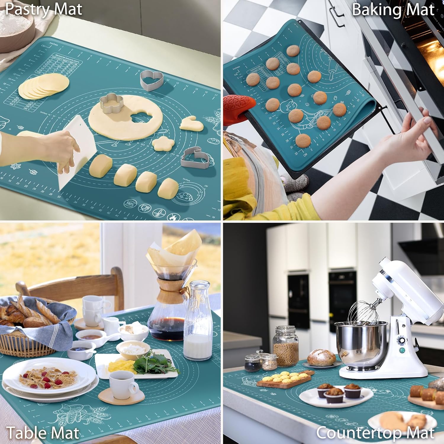 Silicone Pastry Mat 24" x 16" Extra Thick Non Stick Baking Mat with Measurements and Edge Heightening, Food Grade Silicone Rolling Mat for Pastry, Bread, Cookies, Pizza, Fondant, Pasta