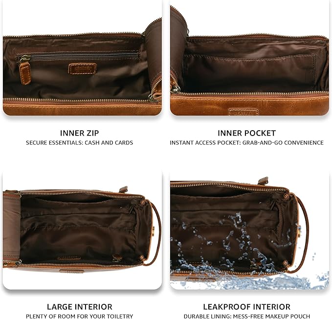 LEATHER VILLAGE Premium Leather Travel Toiletry Bag - Unisex Water-Resistant Travel Dopp Kit, Shaving & Cosmetic Organizer for Men & Women - Compact Bathroom Essentials - Camel Brown