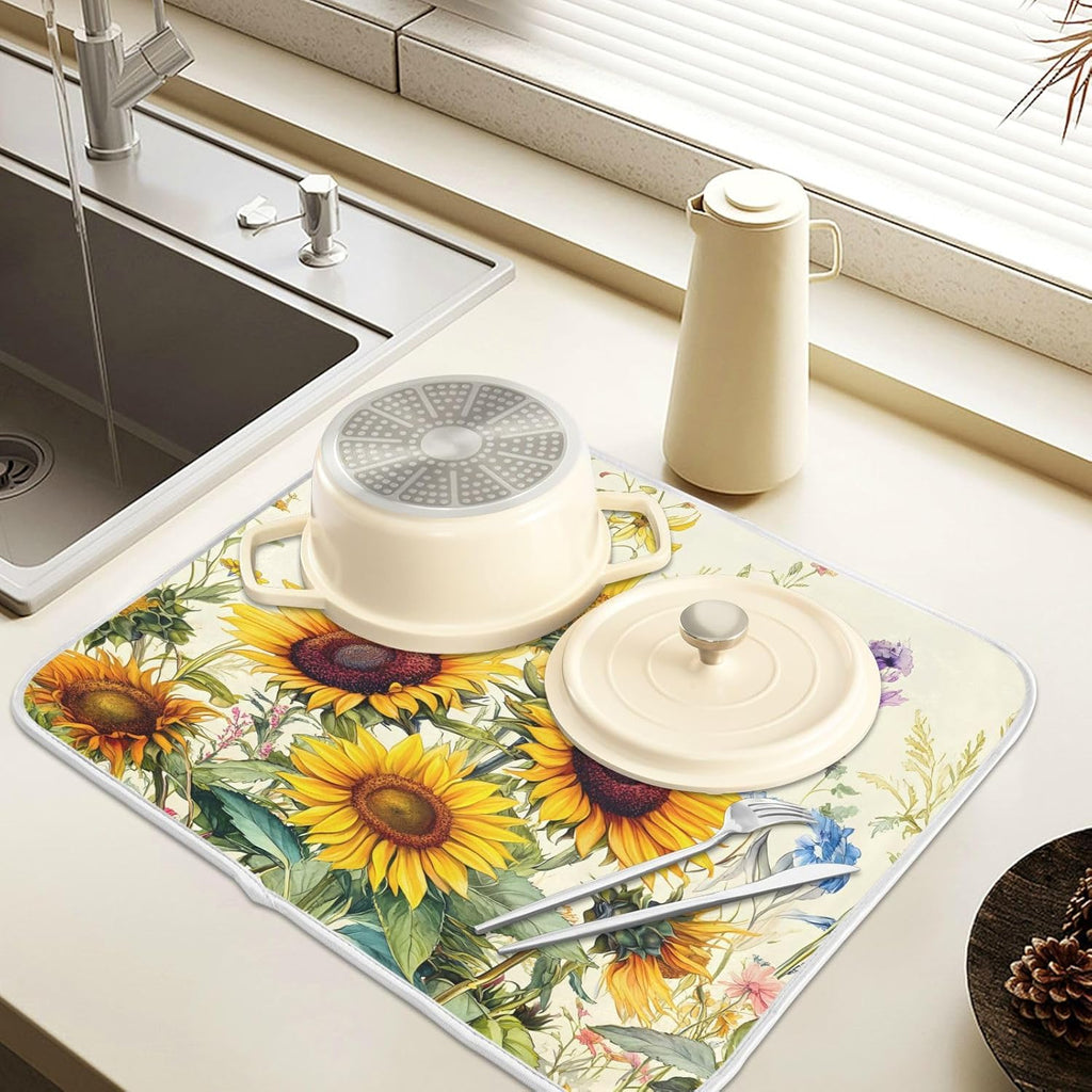 Blooming Sunflowers Dish Drying Mat for Kitchen Counter Absorbent Microfiber Small Drying Pad Dish mats for Kitchen Countertops 16 x 18 Inch