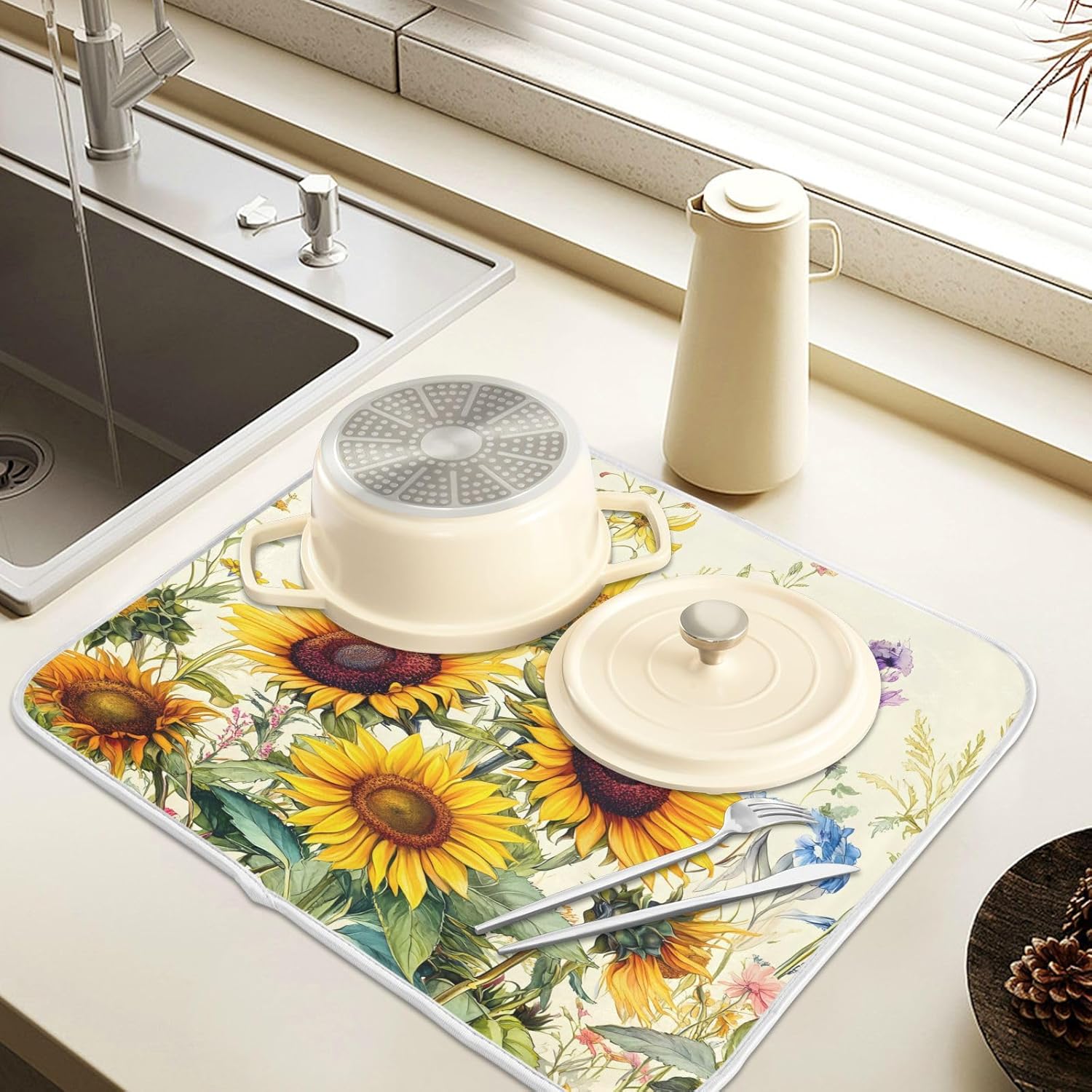 Blooming Sunflowers Dish Drying Mat for Kitchen Counter Absorbent Microfiber Small Drying Pad Dish mats for Kitchen Countertops 16 x 18 Inch