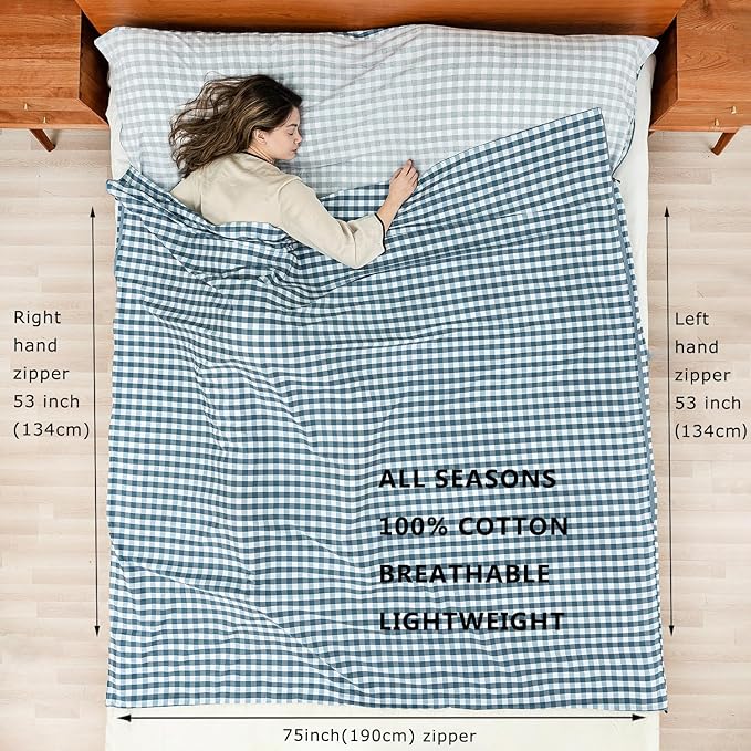 100% Cotton Sleeping Bag Liner with Full Length Zipper on 3 Sides; Single/Double Adult Sleep Sack for Travel & Camping, Multifunctional Travel Sheets (Unzipped 87”x87”) for Hotel, Lightweight
