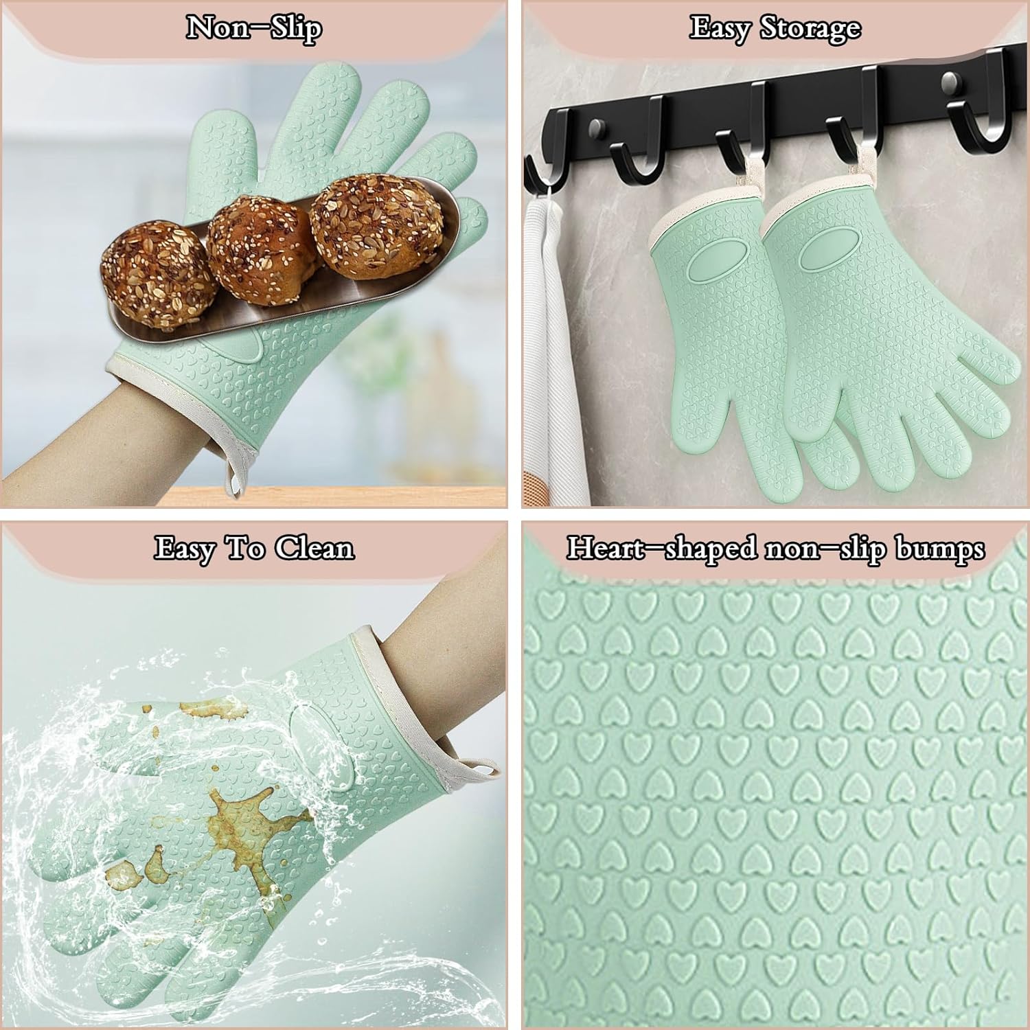 Oven Mitts with Fingers, Heat Resistant 500°F, Waterproof & Non-Slip Kitchen Gloves for Baking, Grilling, Cooking.5-Finger Design with Soft Lining, Hanging Hook,Mint Green