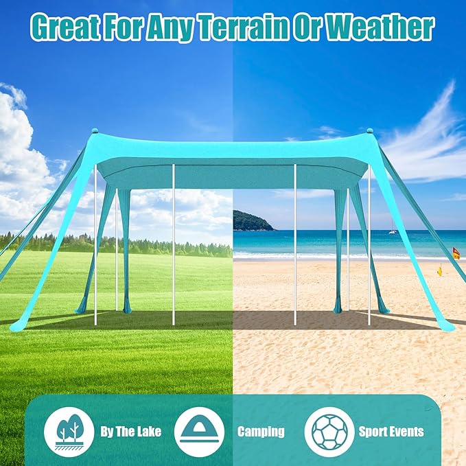 Beach Tent Sun Shelter UPF 50+ Beach Shade Canopy Pop up Tent Portable Cabana Outdoor with Aluminum Poles Sandbags Sand Shovel for Camping Fishing Trip Picnic Party