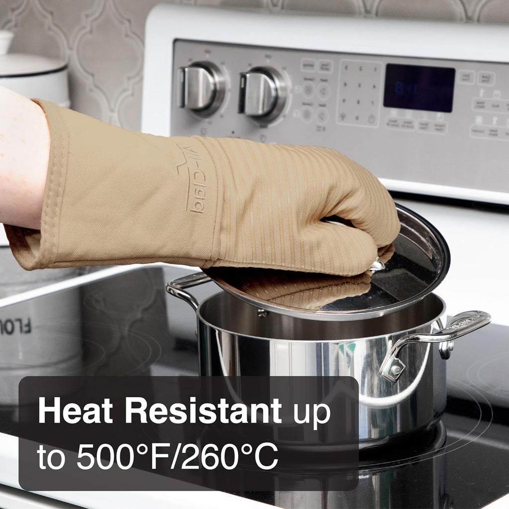 All-Clad Silicone Oven Mitts: Heat Resistant up to 500 Degrees - 100% Cotton & Silicone, 14"x7" Oven Mitt for Kitchen and Barbeque, 2-Pack, Cappuccino
