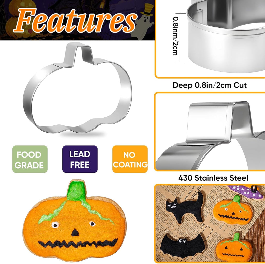 Halloween Cookie Cutters Set of 7 Stainless Steel Pumpkin Ghost Witch Hat Bat Cat Tombstone Skull Shapes for Halloween Party Supplies and Baking 50 Biscuit Bags Included