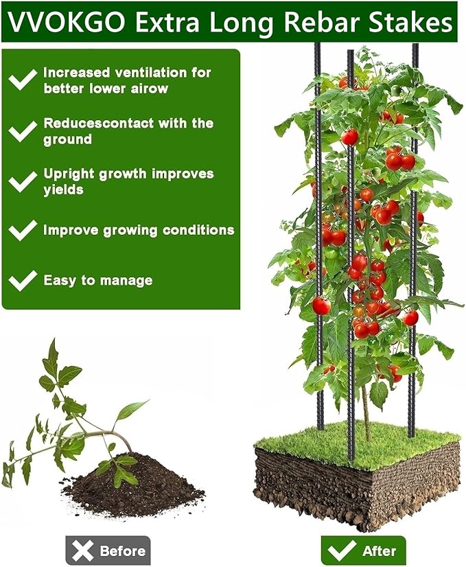 VVOKGO 48 Inches 16Pcs Steel Rebar Stakes with Chisel Point End, Heavy Duty Straight Landscpe Timber Spikes Metal Garden Camping Plant Support Garden Stakes Anti Rust Black