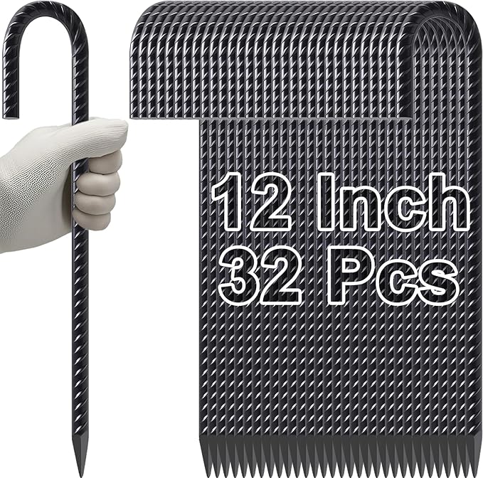 VVOKGO Garden Rebar Stakes J Hook 12 Inch Long Enough 32pcs, Rust Proof Black Coated Steel Trampoline Anchors Tent Stakes Metal Ground Stakes for Lawn Christmas Decorations