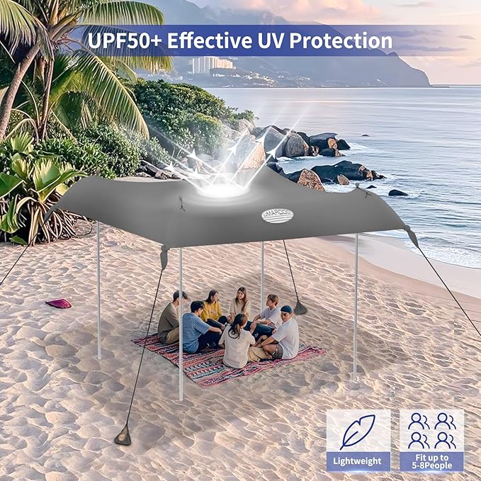 UMARDOO Family Beach Tent Canopy Sun Shade Portable, Large Compact Beach Sun Shelter Easy Setup with Packable Bag for Outdoor Travel (Grey, 10X10 FT. 4Poles)