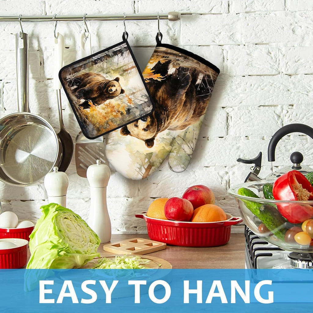 Watercolor Brown Bear Oven Mitts and Pot Holders Sets Heat Resistant 4Pcs Autumn Forest Animal Potholders Oven Gloves Hot Pads for Kitchen Baking Cooking Grilling BBQ