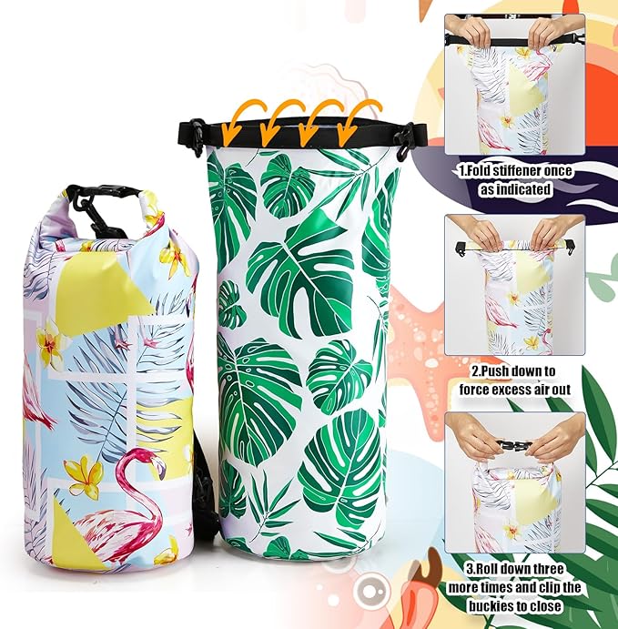 2 Pcs Waterproof Floating Dry Bag 10l Floating Dry Sack for Man Women Roll Top Waterproof Backpack for Rafting Boating Swimming Kayaking Hiking(Palm and Flamingos)