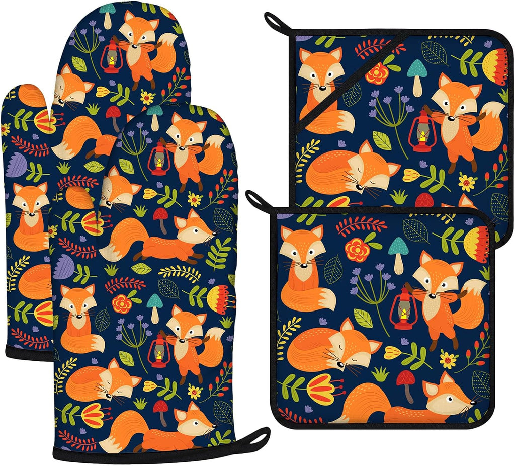 Cute Fox Oven Mitts and Pot Holders Sets 4Pcs,Extra Long Oven Gloves Potholder for Kitchen Cooking Baking BBQ 100% Cotton Heat Resistant