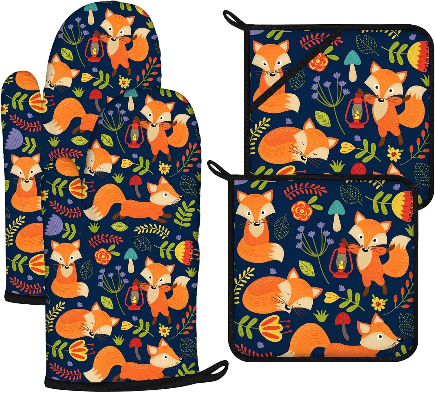 Cute Fox Oven Mitts and Pot Holders Sets 4Pcs,Extra Long Oven Gloves Potholder for Kitchen Cooking Baking BBQ 100% Cotton Heat Resistant