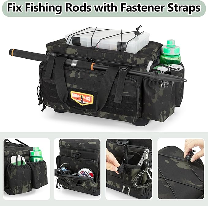 Waterproof Fishing Tackle Bag with Waterproof EVA Bottom (No Tackle Boxes in Package), Soft Tackle Box Storage Bag with Rod Holder, Pliers Storage for Fishing