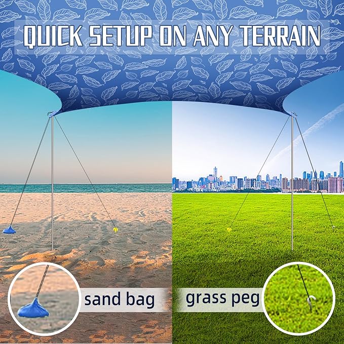 UMARDOO Family Beach Tent Canopy Sun Shade Portable, Large Compact Beach Sun Shelter Easy Setup with Packable Bag for Outdoor Travel (Printed Blue, 10X10 FT. 4Poles)