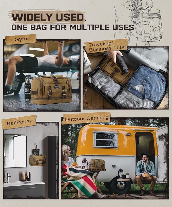 ARCFOX Travel Hanging Toiletry Bag for Men, Vintage Canvas Large Toiletry Bag with 7 Compartments, Camping Gym Travel Toiletry Kit Organizer with PVC Wet & Dry Pockets, Personalized Wash Bag, Brown