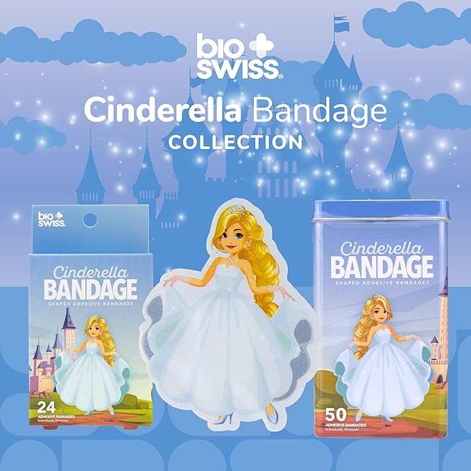 BioSwiss Bandages, Princess Cinderella Shaped Self Adhesive Bandage, Latex Free Sterile Wound Care, Fun First Aid Kit Supplies for Kids and Adults, 50 Count