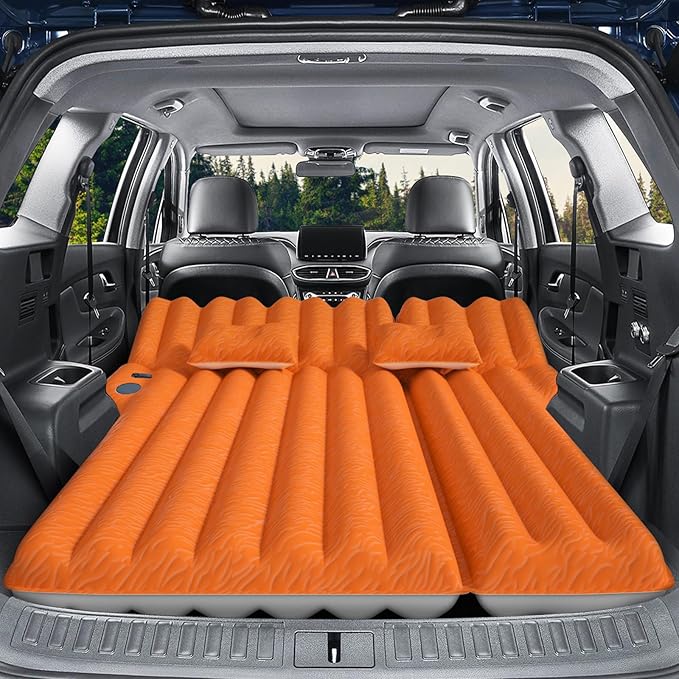 SUV Air Mattress: Inflatable Car Air Mattress for Camping, Flocking Car Bed with Air Pump & 2 Pillows, Portable Sleeping Pad Mattress for Home Car Travel Camping Orange