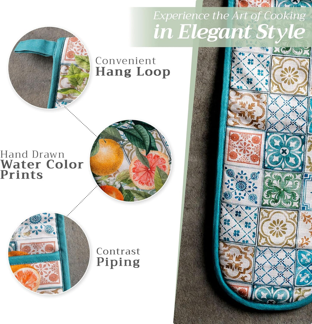 Maison d' Hermine Double Oven Mitts 100% Cotton 7"x35" Double Oven Mitt Heat Resistant BBQ Cooking Gloves with Loop, Baking, Grilling, Home, Kitchen, Handling Hot Pans Spring Summer (Agrume)