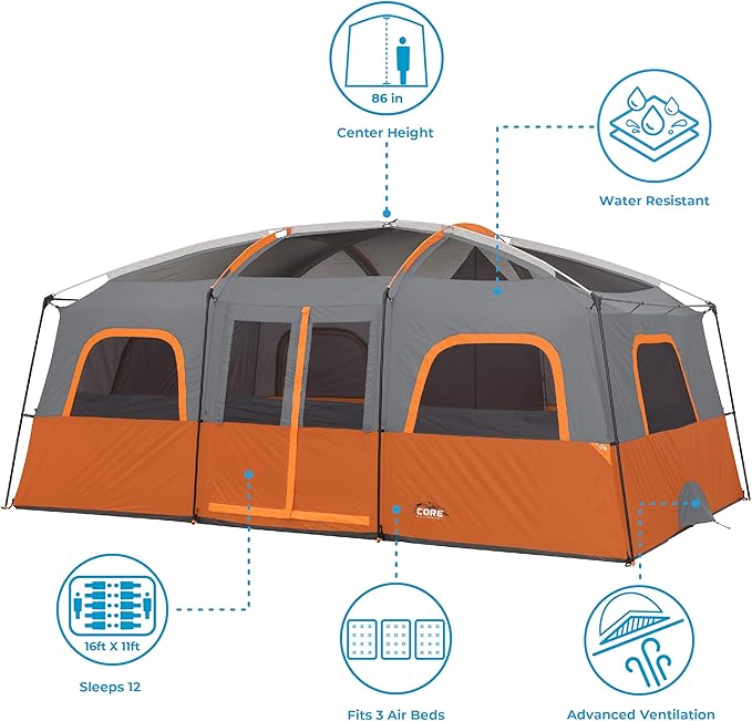CORE Tent for Family Camping | 10 Person / 11 Person / 12 Person Large Multi Room Cabin Tents for Car Camping & Outdoor Adventures