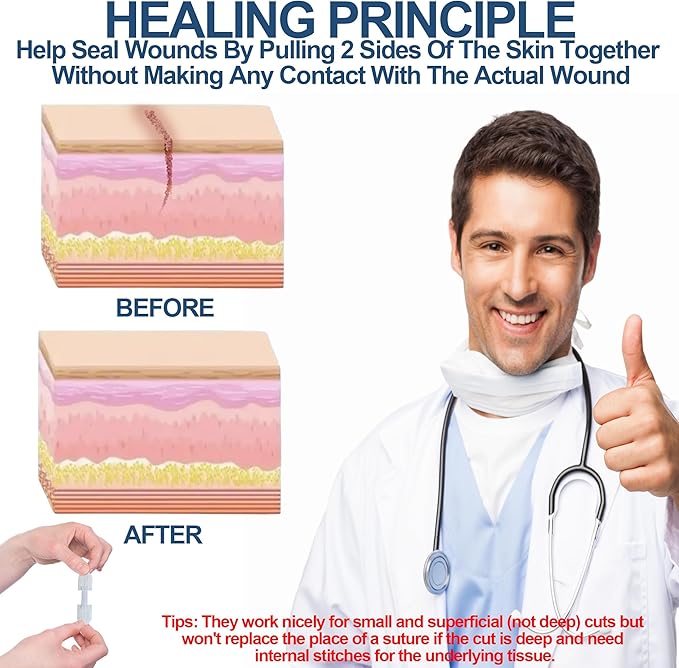 Wound Closure Strips - Emergency Laceration Closure Kit to Repair 3 Individual/Combine Wounds Without Stitches, Butterfly Bandages for Wound Closure to Close, Cover Wounds - Quick Clot