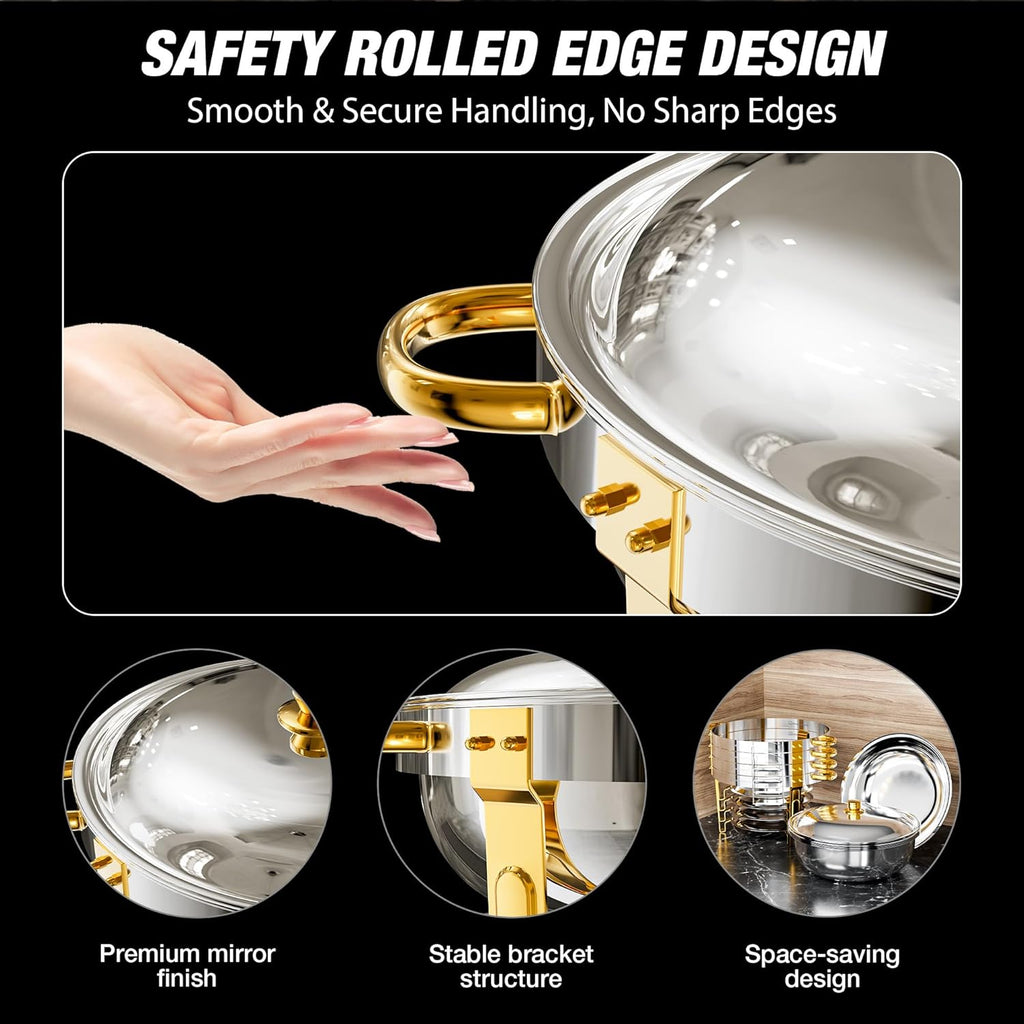 Gold Chafing Dishes for Buffet (5QT, 6 Pack), Round Chafers and Buffet Warmers Sets, Food Grade Stainless Steel Chafing Dish Set, Rolled Edge Design, for Catering Events, Parties, Weddings