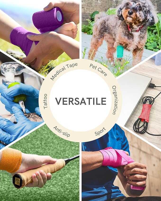 FriCARE Self Adhesive Bandage Wrap, Medical Tape in First Aid Kit, Cohesive Bandages for Wounds Sport Vet, FSA/HSA Eligible, 2 Inches X 5 Yards 12 Rolls, Rainbow