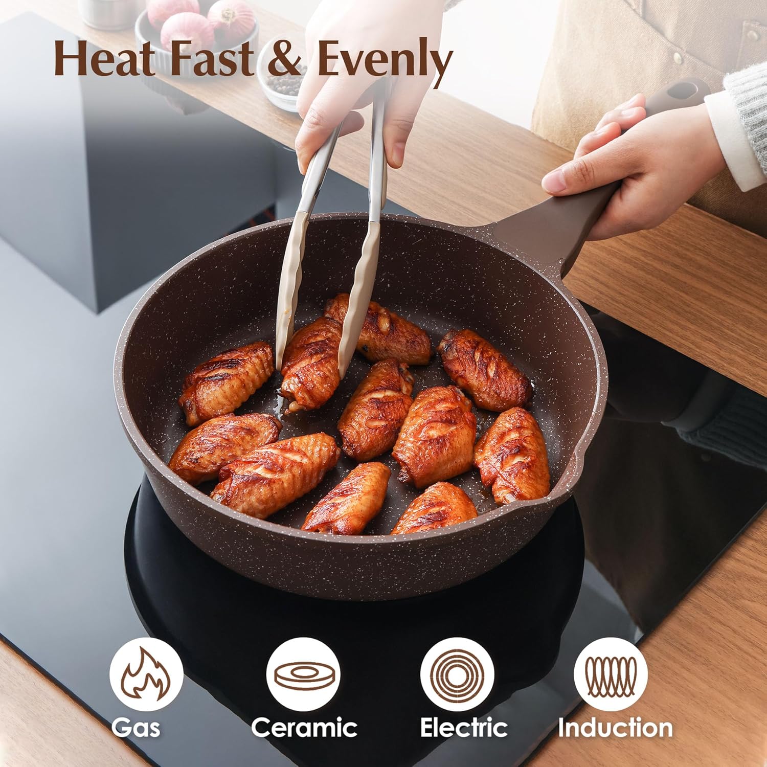 SENSARTE Nonstick Deep Frying Pan Skillet, 10-inch Saute Pan with Lid, Stay-Cool Handle, Cooking Pan, Healthy Stone Cookware Induction Compatible