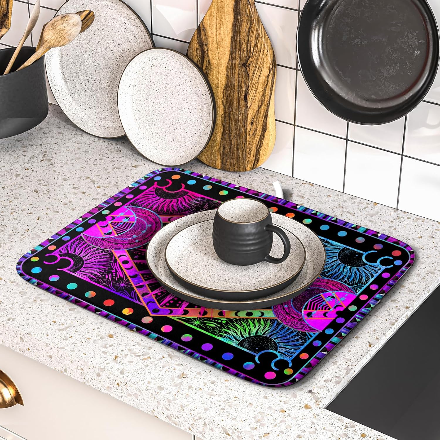 Purple Absorbent Dish Drying Mat Sun and Moon Microfiber Drying Pad for Kitchen Counter Decor Small
