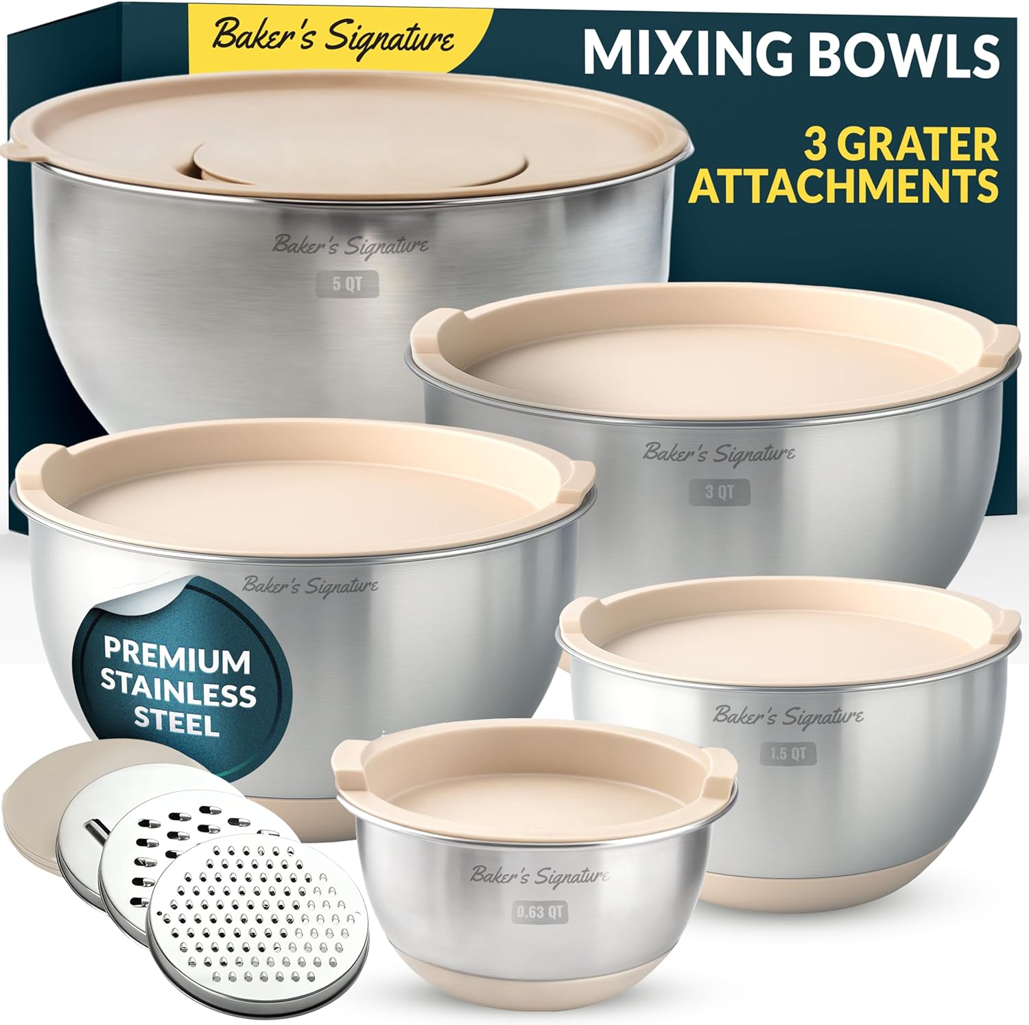 Stainless Steel Mixing Bowls with Lids Set, 5 Sizes, 3 Graters, Non-Slip Base, Airtight Lids, Metal Mixing Bowls for Kitchen, Food Prep, Storage, 0.63QT-5QT, Khaki