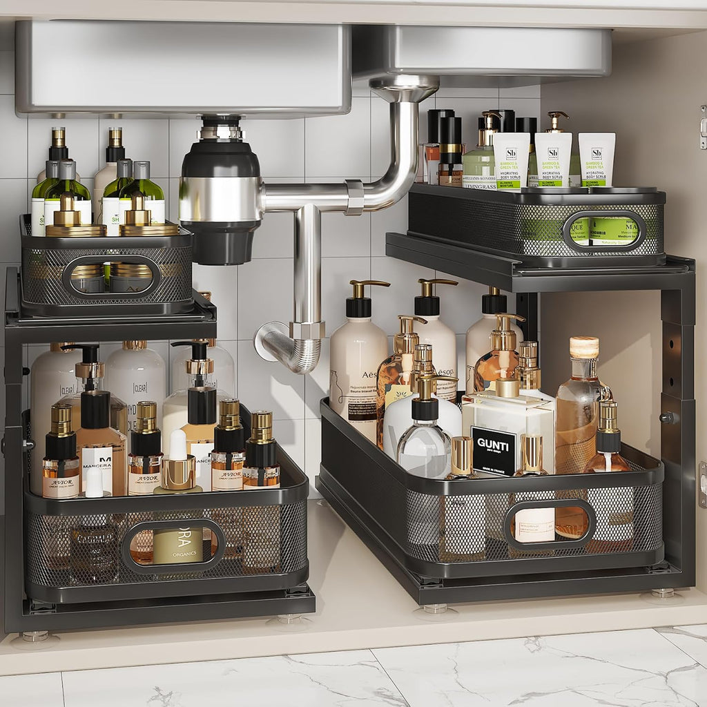 2 Pack 18.5IN-Depth Under Sink Organizer With Next-Gen Ball-Bearing Slides,2-Tier Precision Mesh Pull Out Cabinet Storage for Bathroom&Kitchen,Height Adjustable Drawers Shelf,Anti-rust-Black
