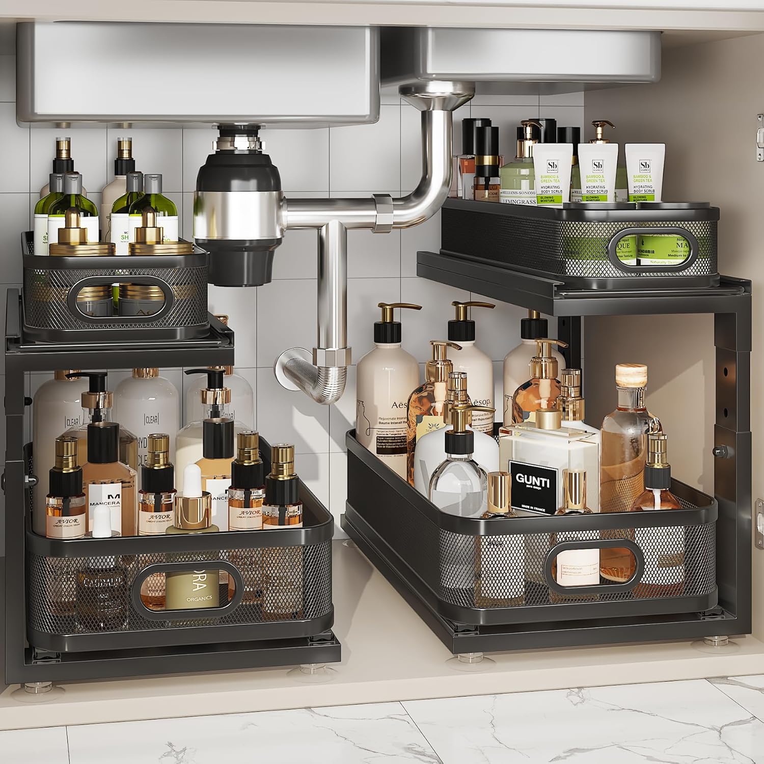 2 Pack 18.5IN-Depth Under Sink Organizer With Next-Gen Ball-Bearing Slides,2-Tier Precision Mesh Pull Out Cabinet Storage for Bathroom&Kitchen,Height Adjustable Drawers Shelf,Anti-rust-Black