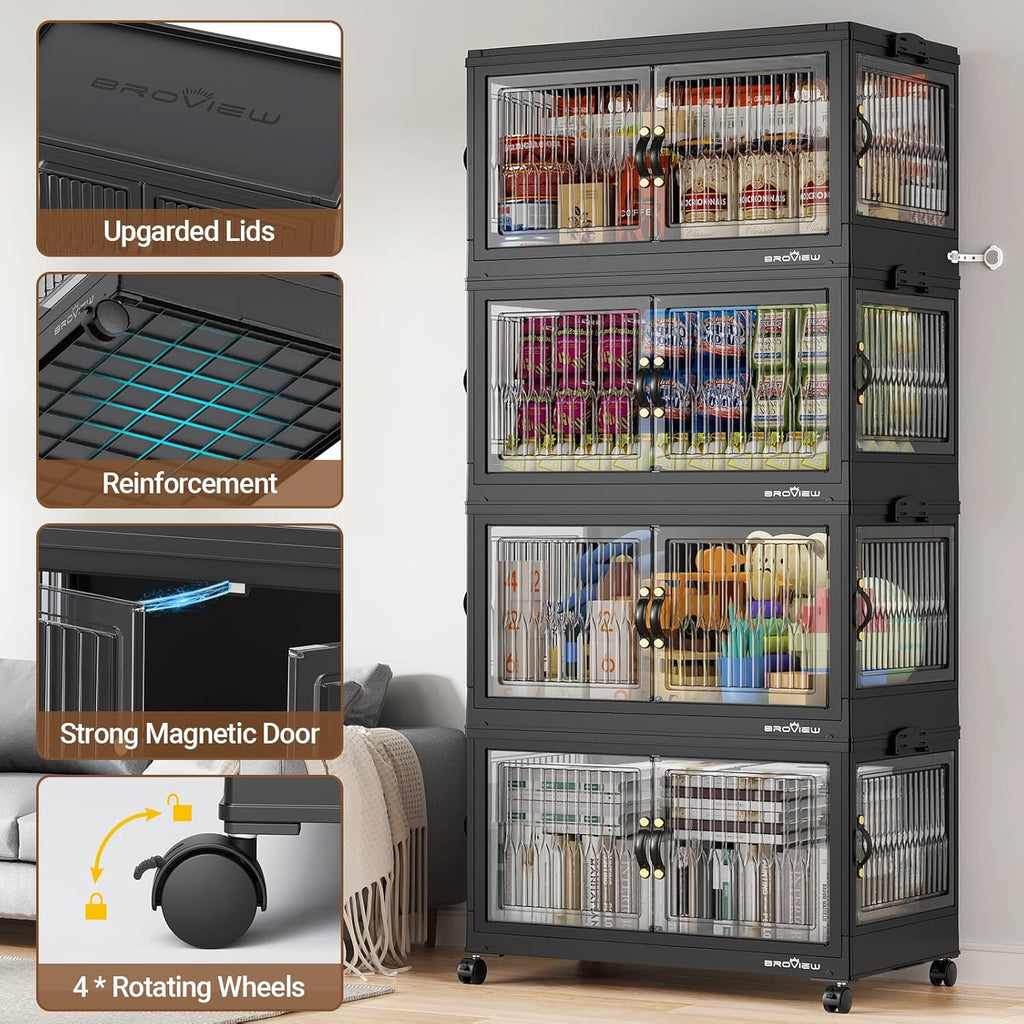 120QT Large Stackable Storage Bins with Lids, Plastic Closet Organizer and Storage Drawer, Collapsible Storage Box with Wheels, Folding Storage Cabinet with Doors for Home Kitchen, 1Pack Black