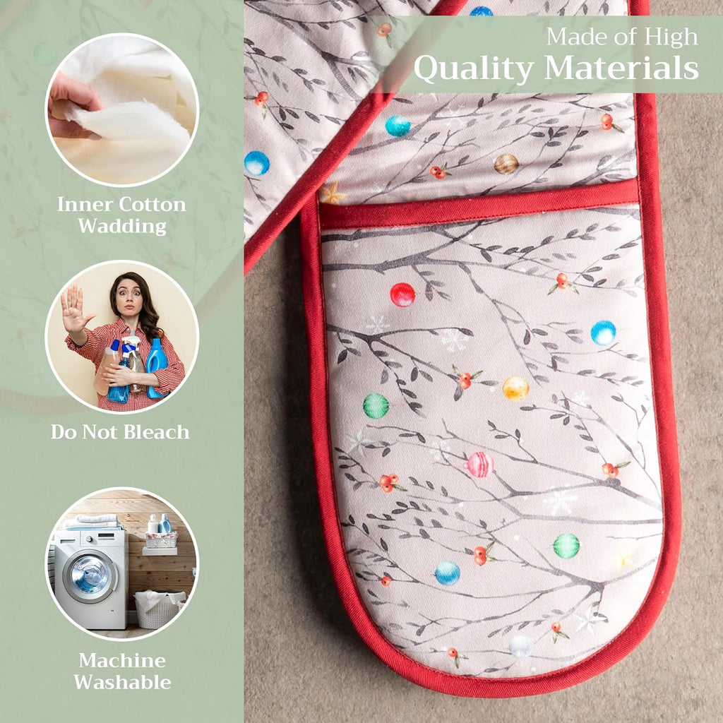 Maison d' Hermine Double Oven Mitt 100% Cotton Heat Resistant Cooking Gloves with Loop, Baking Barbeque, Handling Hot Pan, Fairy Christmas - Thanksgiving/Christmas (7 Inch x 35 Inch)